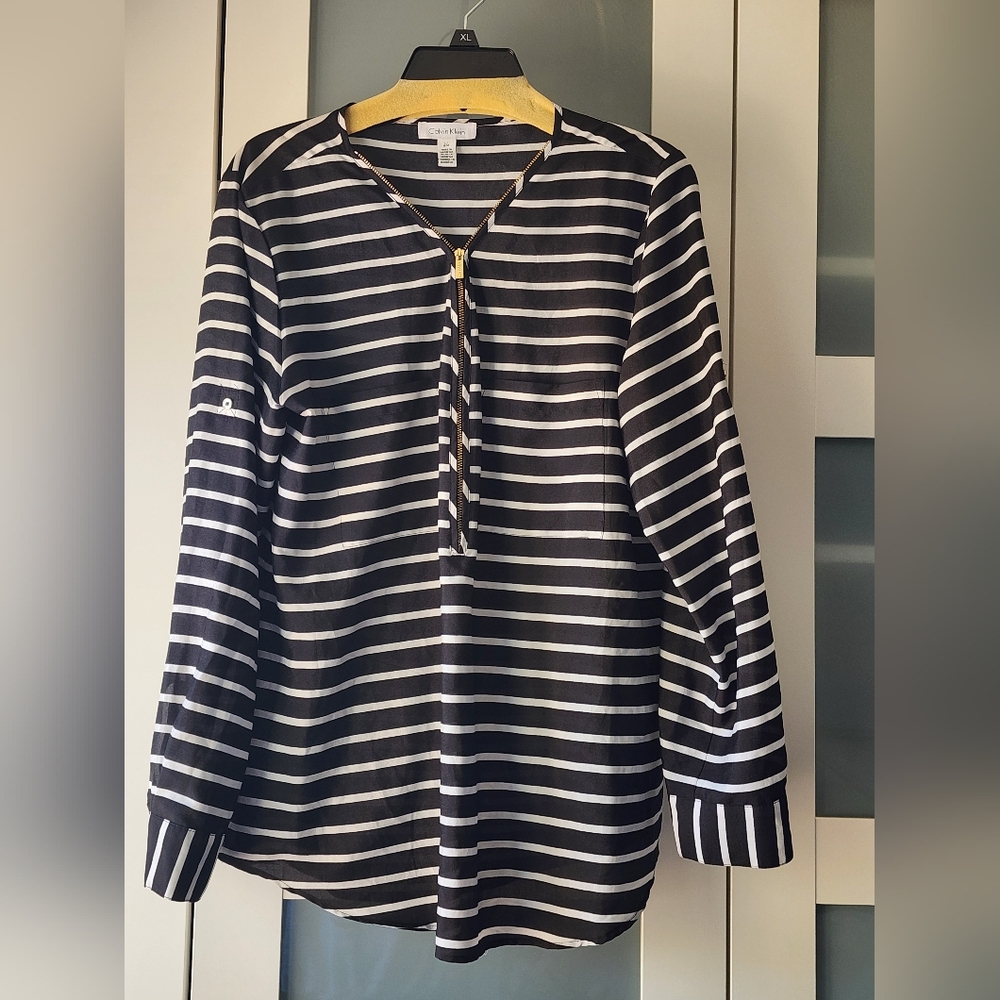 Calvin Klein Zip V-Neck Black and White Striped Blouse | Large